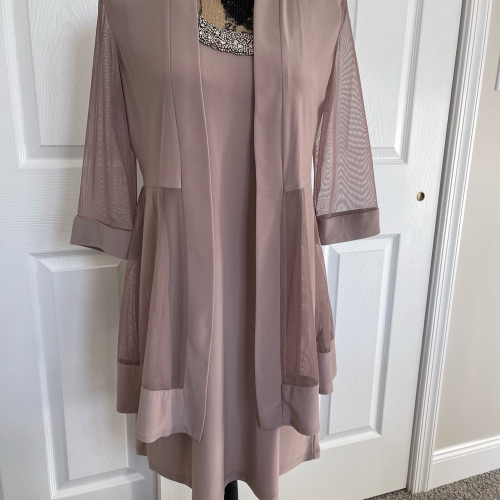 R&M Richards Soft Taupe Dress with Sheer Detail